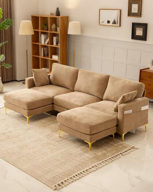 Karl home 99.6 Sectional Sofa U-Shaped Chenille Upholstered Couch with 2 Movable Ottomans 3-Seater Cloud Couches Comfy Deep Seat Sofa for Living Room Apartment Office Khaki