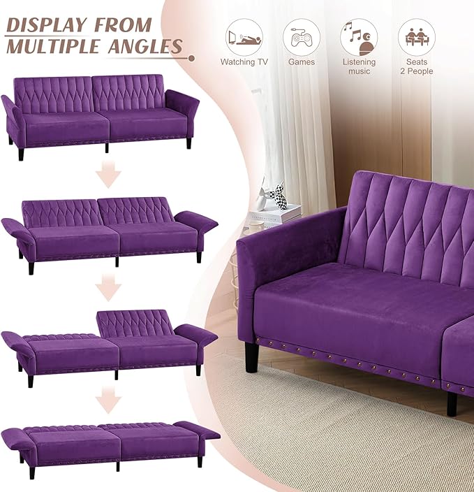77” Velvet Sofa Bed with Adjustable Armrests and BackrestsTufted Convertible Futon Couch Loveseat Modern Velvet Sleeper Sofa for Living RoomBedroomOfficePurpel