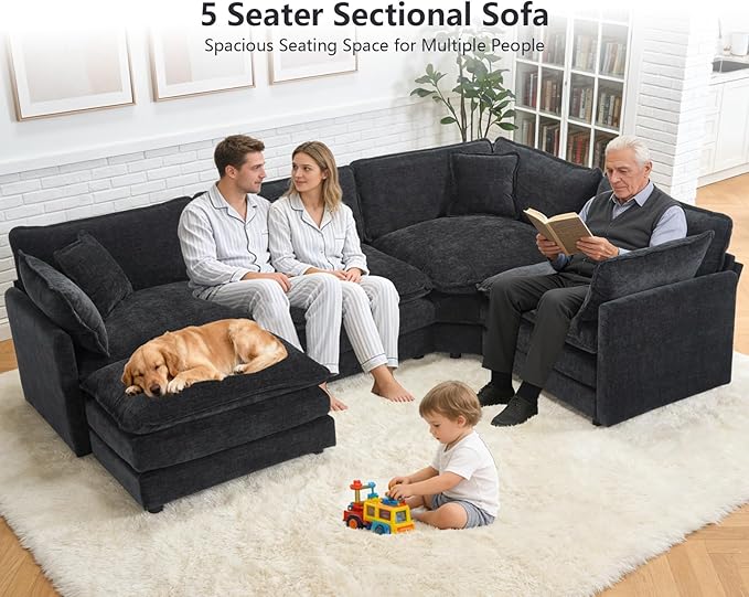 Modular Cloud Sectional Sofa Modern Chenille L Shaped Sectional Couch with Ottoman &amp Pillows 5 Seater Deep Seat Corner Couches for Living Room Apartment Office Black