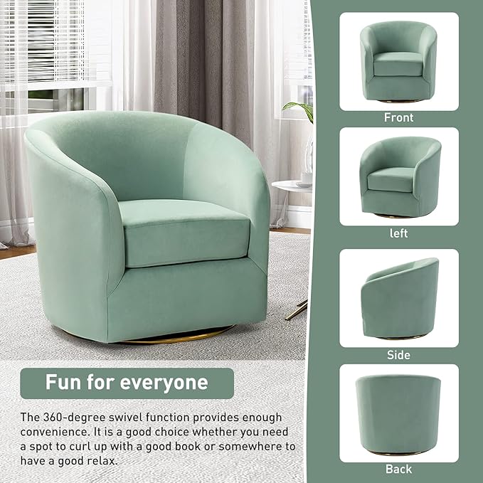 HULALA HOME Swivel Accent Chair with Gold Metal Base Set of 2 Contemporary Velvet Curved Swivel Barrel Chair Upholstered Club Armchair Leisure Single Sofa for Living Room Nursery Bedroom(SAGE)
