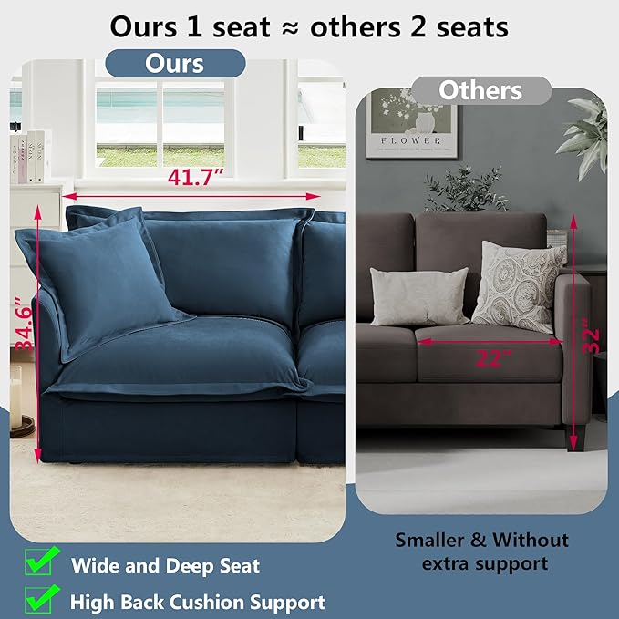 Aoowow Oversized Modular Sectional Sofa Chair with Movable Ottoman 49” Chenille Single Armchair Comfy Deep Seat Couch Sofa with Big Toss Pillows for Living Room Apartment Office(Blue-Chenille)