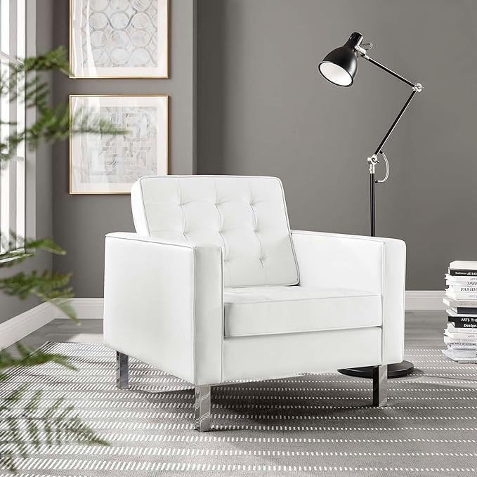 Modway EEI-3391- Loft Tufted Button Faux Leather Upholstered Accent Armchair in Silver White