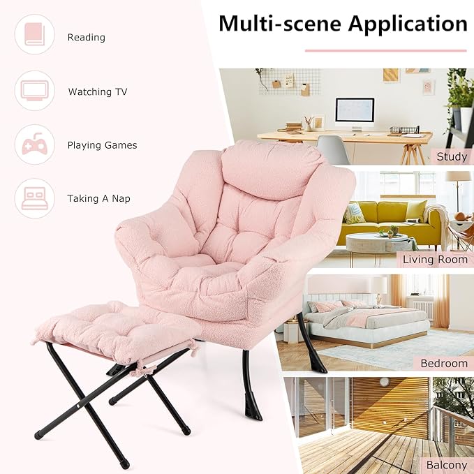 HOMGX Lazy Chair with Ottoman Modern Accent Chair w/Folding Footstool &amp Side Storage Pocket Upholstered Comfy Reading Chair for Bedroom Living Room Office (Pink)