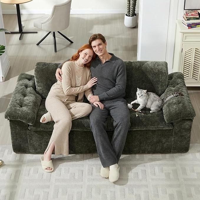 157 Cloud Sectional Couch Deep Seat Boneless Sofa for Living Room with U-Shaped Chaise Comfy Chenille Modular Sofa No Assembly Required (Emerald 79” Loveseat)