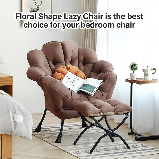 Lazy Chair with Ottoman Modern Floral Reading Chair with Folding Footrest Dark Brown Accent Chairs Comfortable Oversized Armchairs for Bedroom Living Room Courtyard