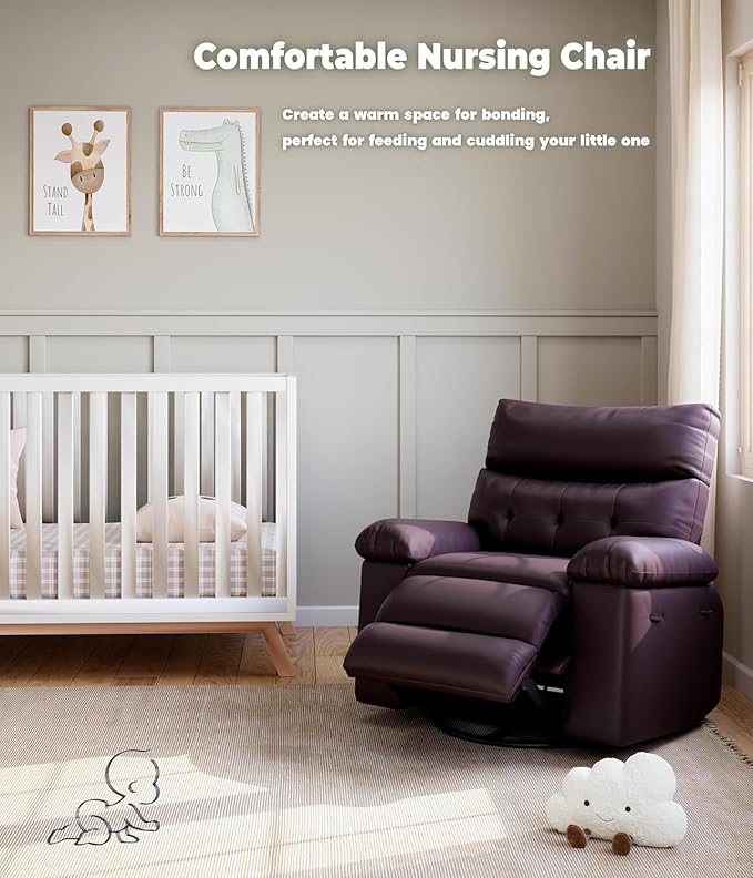 Oversized Wide Rocker Swivel Recliner Chair PU Leather Manual Recliner for Adults Large Nursery Glider Chair with Comfortable Arms &amp Back for Living Room Bedroom Coffee