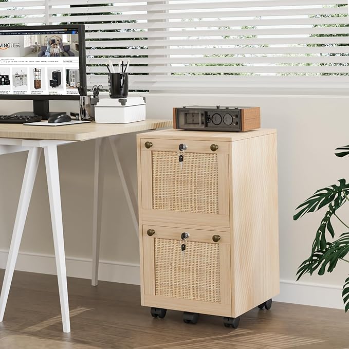 VINGLI 2 Drawer File Cabinet with Lock Rolling File Cabinets for Home Office Small Printer Stand Wood Rattan Oak File Organizer Under Desk Filing Cabinet on Wheels for Folders with Tabs