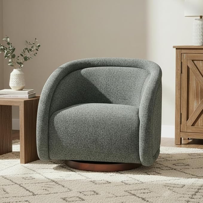 Scott Living Sabbo Green Bouclé Swivel Chair with Walnut-Finished Solid Wood Base Comfy Swivel Accent Chair Upholstered Lounge Sofa Chair for Living Room/Bedroom Gray Green + Walnut