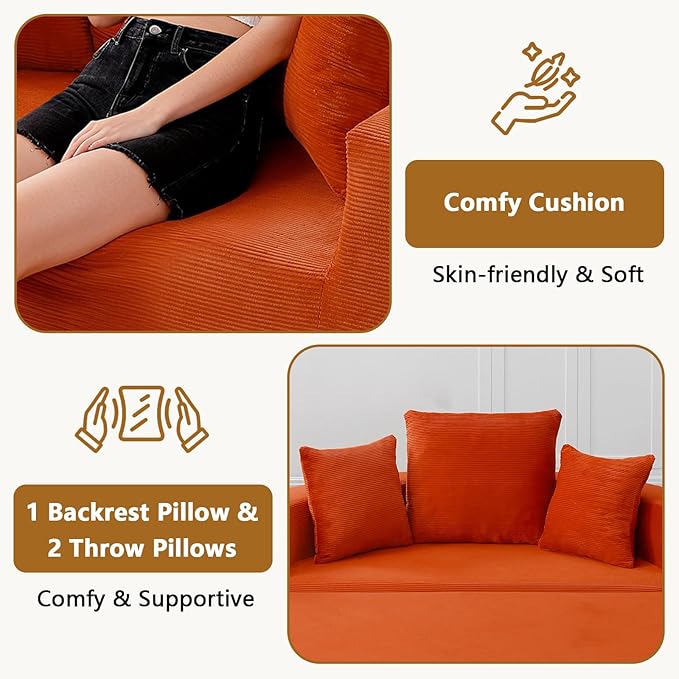 67'' Circular Convertible Compressed Sofa Bed Orange Corduroy Floor Lounge Round Boneless Couch Loveseat Sleeper Sofa Couch with 3 Cushions No Assembly for Apartment Bedroom (Orange 67)