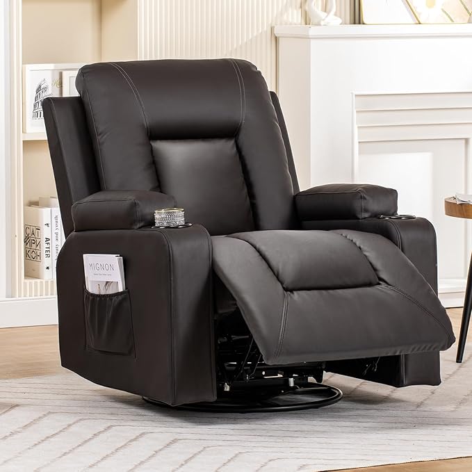 COMHOMA Recliner Chair Swivel Rocker Recliners Reclining Sofa with Side Pockets Cup Holders for Living Room Bedroom (Brown)