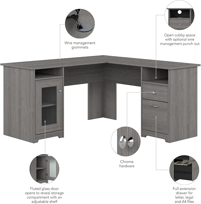 Bush Home Cabot 60W L Shaped Computer Desk with Storage in Modern Gray 60-inch Corner Table with Drawers for Home Office Workspace