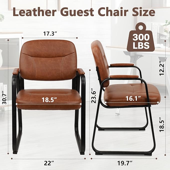CLATINA Leather Office Guest Waiting Room Chair with Sled Base Reception Chair No Wheels with Armrests and Lumber Support Stationary Desk Armchair for Meeting Conference Lobby Shool Brown 6 PK