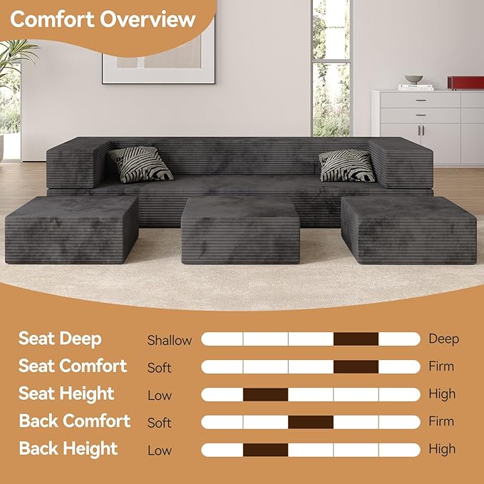 80'' Queen Convertible Floor Sofa Bed Velvet Folding Bed Couch with 3Ottomans Modular Sectional Floor Sofa Futon Sleeper Memory Foam Mattress for Guest/Living Room/PlayroomDeep Grey