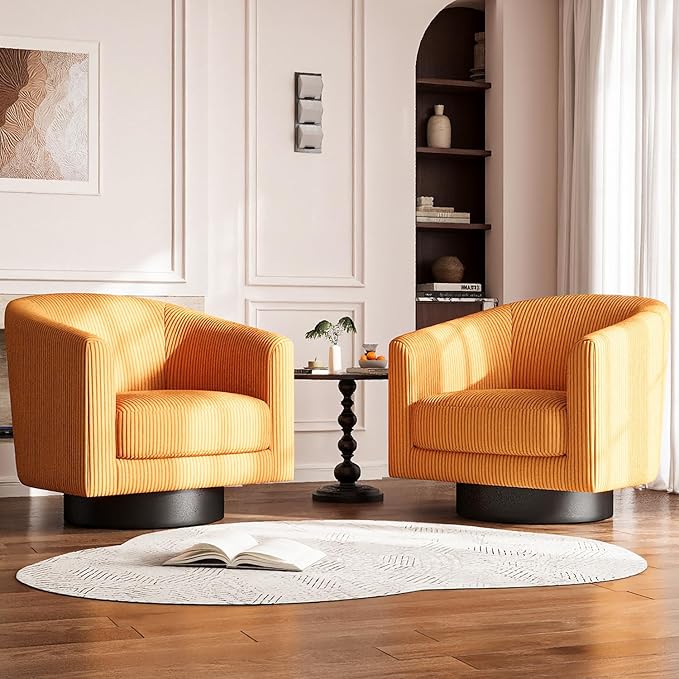 360° Swivel Accent Chairs Set of 2 Modern Bucket Chair Corduroy Barrel Armchair Comfy Boucle Chair Single Sofa for Living Room Bedroom. Orange