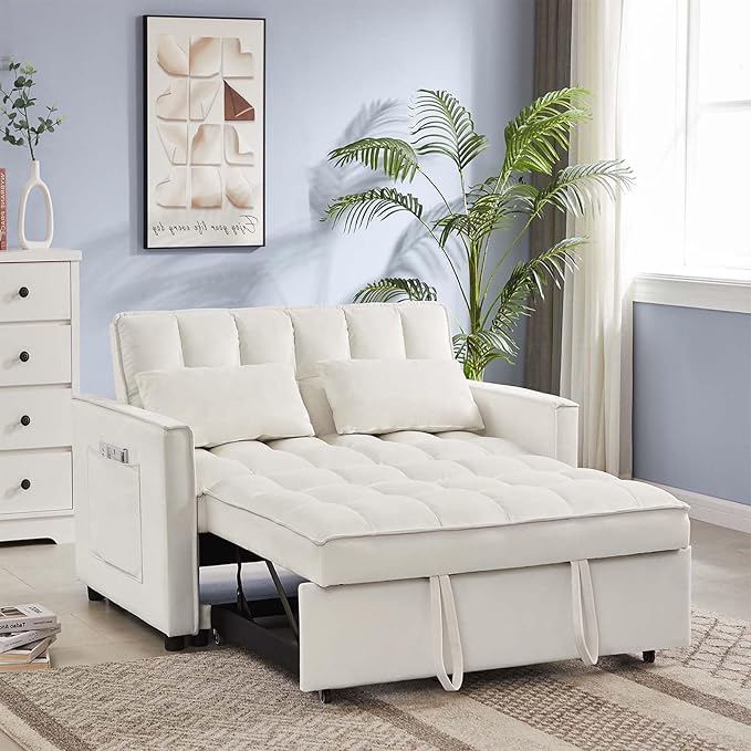 Sleeper Sofa Couch w/Pull Out Bed 53 Modern Velvet Convertible Sleeper Sofa Bed Small Love seat Sofa Bed with 2 Pillows &amp Side Pockets for Small Space Living Room Apartment Off White