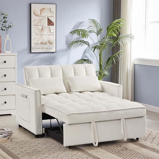 Sleeper Sofa Couch w/Pull Out Bed 53 Modern Velvet Convertible Sleeper Sofa Bed Small Love seat Sofa Bed with 2 Pillows &amp Side Pockets for Small Space Living Room Apartment Off White