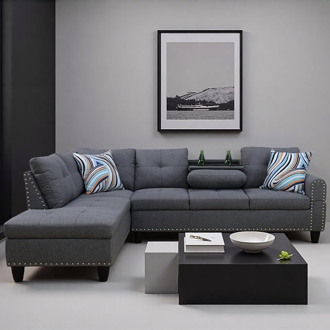 L Shape Sectional Couch with Chaise 97.5 Inch Modular Sofa with Cup Holders Sectional Couches for Living Room Ergonomic Reclined Backrest for Office and Small Apartment Grey