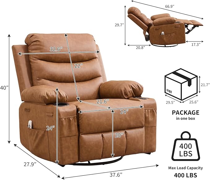 IDEALHOUSE Rocker Recliner Chair with Massage and Heat Swivel Reclining Sofa with Cup Holder Side Pockets Front Pockets Rocking Chair for Living Room Bedroom Nursery (Brown PU Leather)