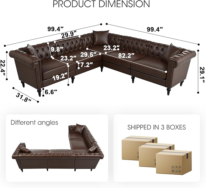 99.4 Inch 5 Seat L Shaped Couch Faux Leather Sectional Couch with Three Pillows Chesterfield L Shaped Sofa PU Leather Sectional Couches for Living Room Brown