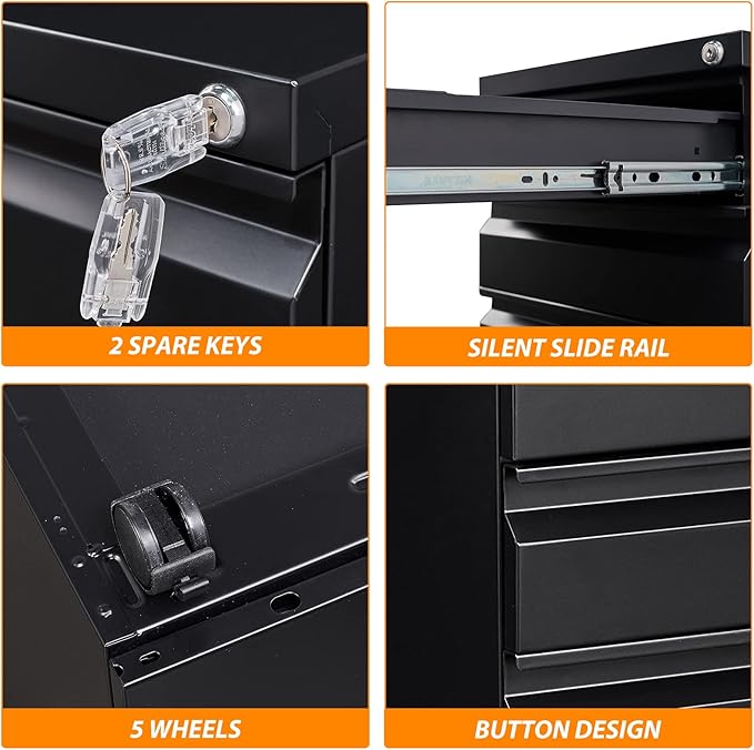 3 Drawer File Cabinet with Wheels Metal Filing Cabinet with Lock Office Rolling File Cabinets for A4/Legal/Letter Size Assembly Required Black