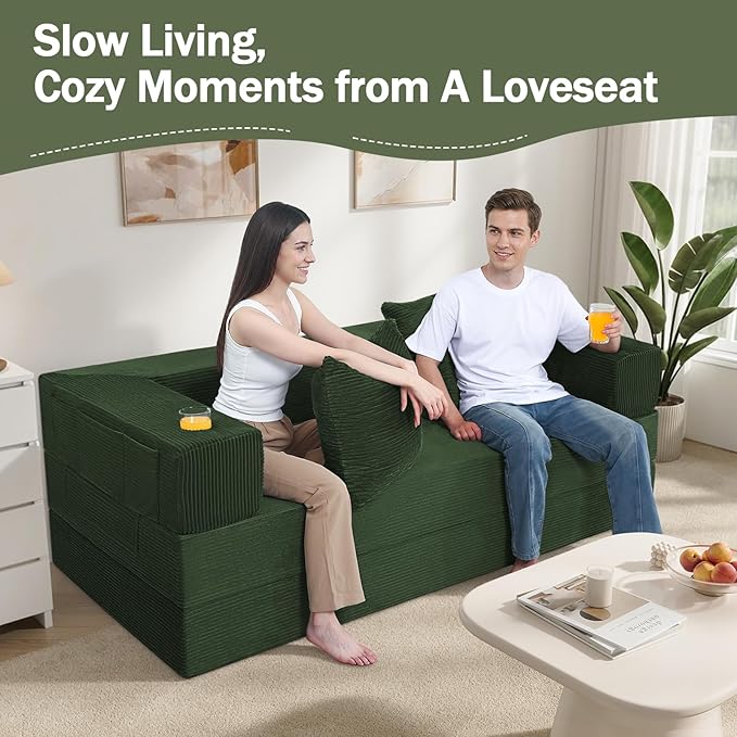 COMAX Queen Size Boneless Couch 79 Futon Sofa Bed Couches for Living Room 4 in 1 Convertible Sleeper Sofa Corduroy Couch Bed Foam in a Box Foldable Cloud Couch Floor Mattress Green