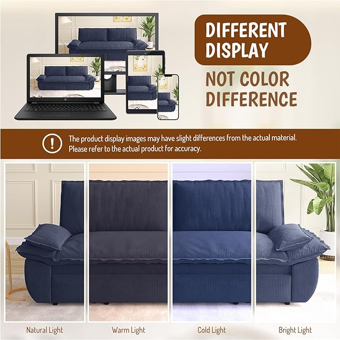 Cilee 73.2 Folding Sofa Bed 3-in-1 Convertible Loveseat Sleeper Sofa Pull Out Futon Sofa Comfy Floor Couch with Storage Pocket &amp 2 Pillows Love Seats Furniture for Living Room Corduroy Blue