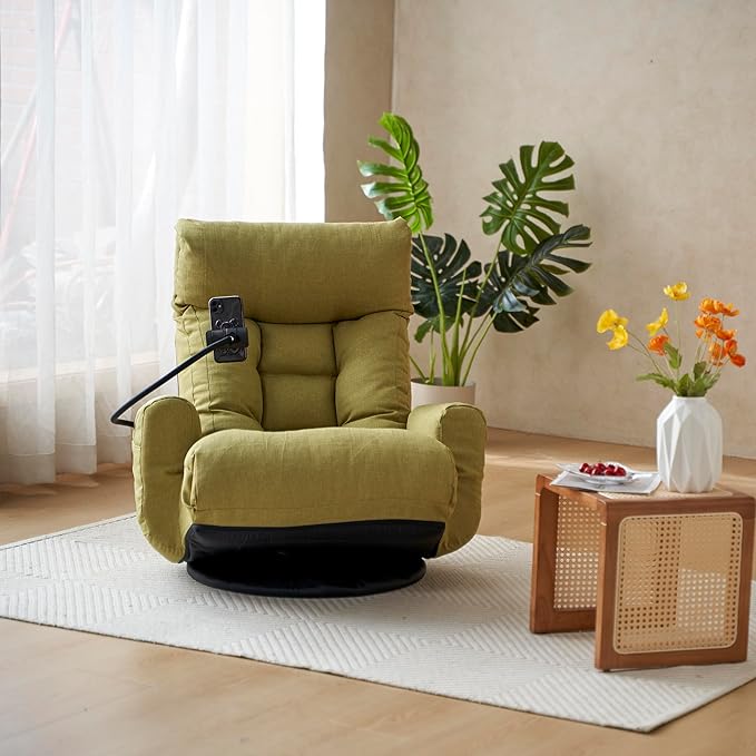 Gwen Upholstered 360° Swivel Chair Lounge Chair with Adjustable Backrest/Headrest Metal Frame Living Room Lounge Sofa and Phone Holder Comfy Bean Bag Chair Green