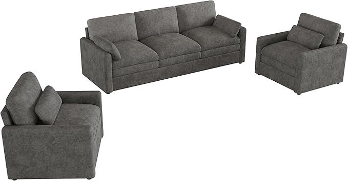 3-Piece Cozy Upholstered Sofa Set Upholstered Sofa Set with 2 Single Sofa Oversized Comfy Cloud Sofa for Living Room Office Apartment (Grey-6c)