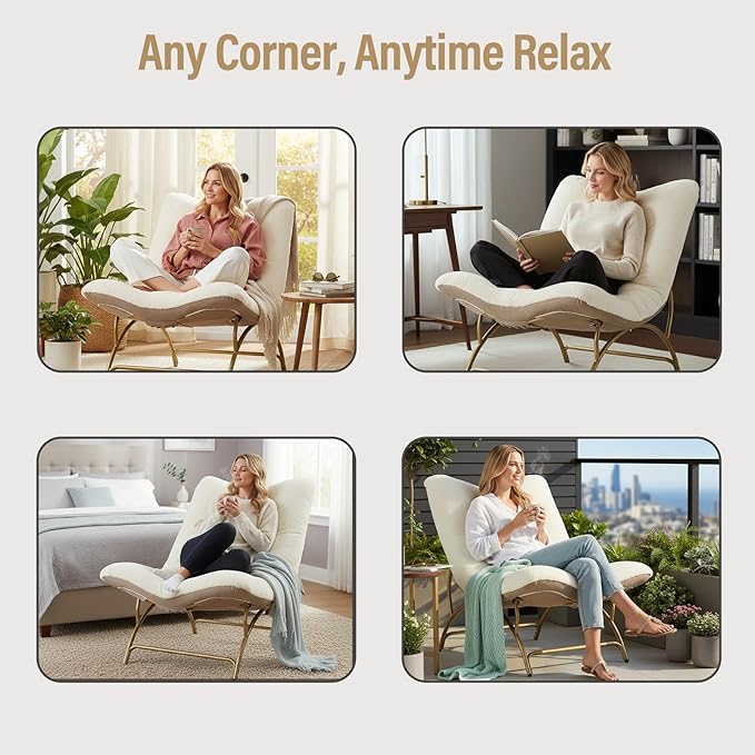 Tiita Accent Lazy Chair Comfy Lounge Chair with Metal Frame and Plush Fabric Spacious Seat Cozy Recliner Chair for Reading Room Living Room Bedroom Office Beige