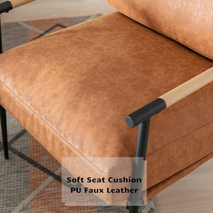 HEAH-YO Modern Accent Chair Set of 1 PU Faux Leather Living Room Chair with Backrests and Metal Legs Comfy Reading Side Armchair for Bedroom Brown