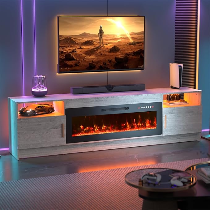80'' TV Stand with 42''Fireplace-Grey Entertainment Center for 90 inch TV- TV Cabinet with LED Light Storage High Glossy Door Rustic TV Console for Living Room