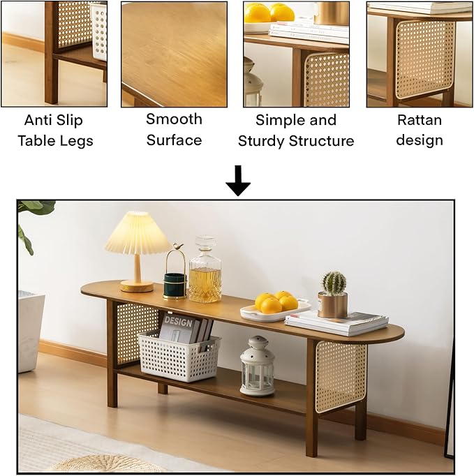 Bamboo TV Stand for TVs up to 65 Accent Entertainment Center with Storage Media Console Table with Rattan Modern TV Stand for Living Room Bedroom 55(L) Walnut