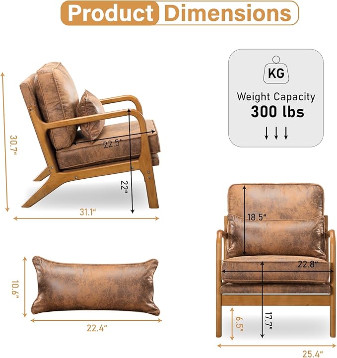 Accent Chair for Living Room Mid-Century Modern Upholstered Armchair with PillowReading Arm ChairComfy Accent Chair for Bedroom