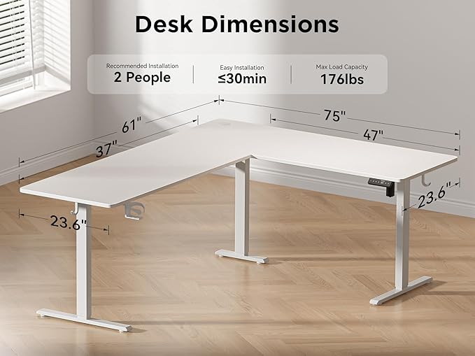 75x61 Inches Reversible L Shaped Standing Desk Height Adjustable with Cup Holder Electric Corner Computer Workstation for Home Office Ergonomic Sit Stand up Gaming Desk White