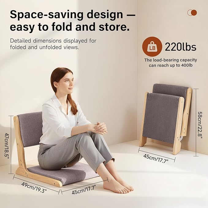 Tiita Floor Chair with Back Support Foldable Meditation Tatami Chairs Backrest Chair with Cushion Living Room Chair Seat 4 Pack Wood Grey