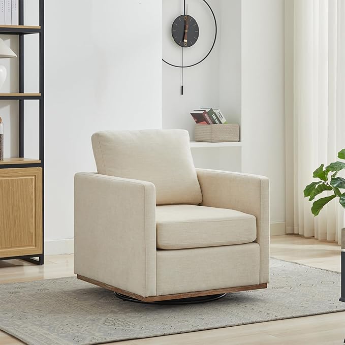 360° Swivel Accent Chair Square Modern Comfy Chair with Metal Base &amp Thicked Cushion Upholstered Lounge Reading Armchair Cloud Sofa Chairs for Living Room Bedroom Office Club(Chenille Beige