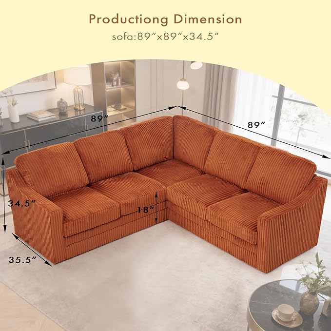 89 Inches Corduroy Sectional Sofa with High Density Sponge Modern 5 Seats Corner Couch with Deep Seat Comfy Modular L Shaped Couch with Comfortable Back Cushions for Living Room Orange