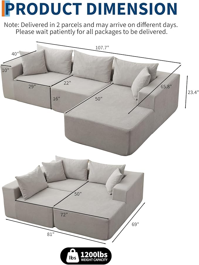 GarveeLife 108” Modular Sectional Sofa Cloud Sectional Couch with L-Shape Chaise Modern Modular Deep Seat Sofa Couch Upholstered Boneless Couches for Living Room Bedroom Right Facing Chaise Beige