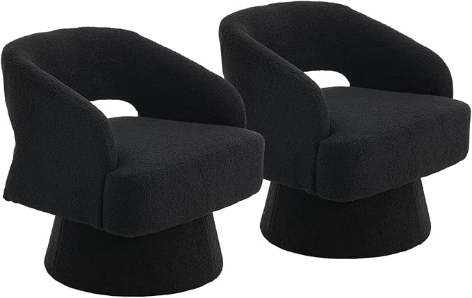 2Pcs Comfy Swivel Barrel Chair for Living Room - Modern Upholstered Accent Chair with Teddy Fleece Hollowed Back &amp 360° Swivel Base Small Round Chair for Bedroom Reading Nook Office Black