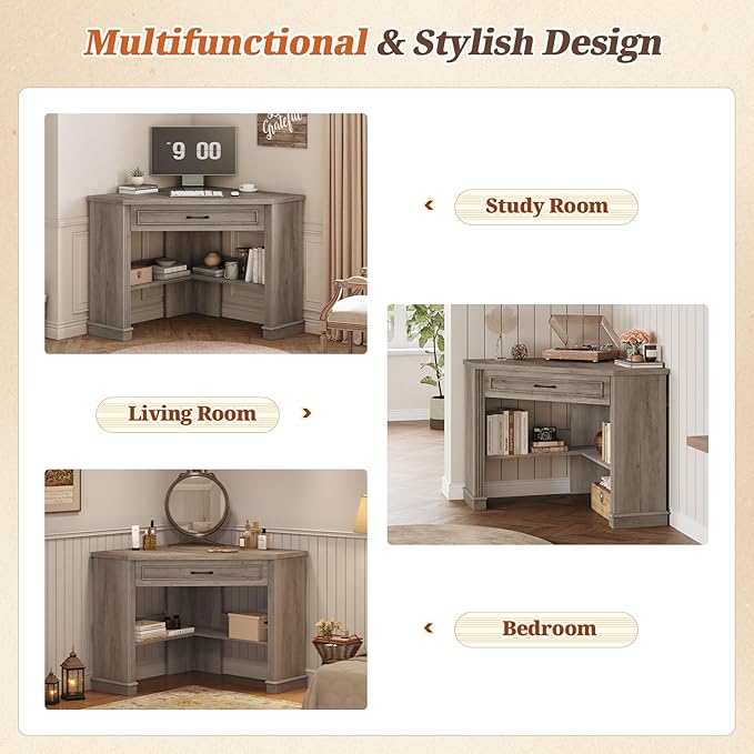SEDETA 31.5 Small Corner Desk Corner Desk for Small Space Farmhouse Computer Desk with Drawers Triangle Computer Desk with Storage Shelves for Home Office Living Room Bedroom Gray