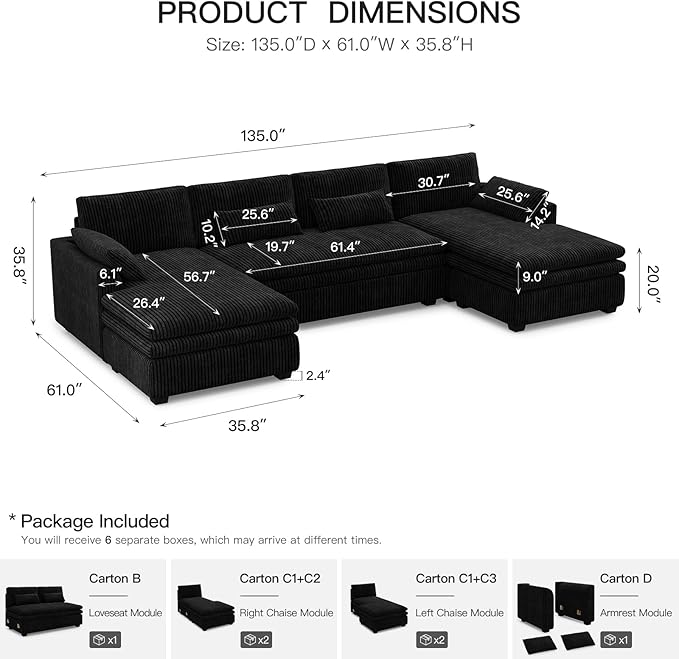 Belffin Large Modular Sectional Sofa with Double Deep Chaise 135 Corduroy U Shaped Sectional Couch with 9 Soft Dual-Layer 6 Seats U Shaped Couch for Living Room Apartment Black