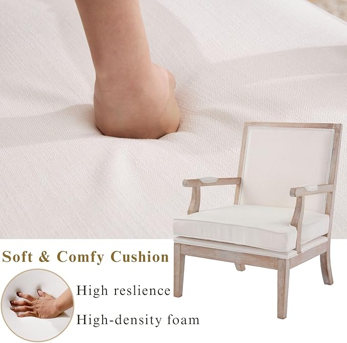 Modern Farmhouse Accent Chairs Set of 2 Wide Upholstered Living Room Chairs with Armrest Pads Coastal French Country Wooden Armchairs for Bedroom Guest Room Beige Linen Fabric