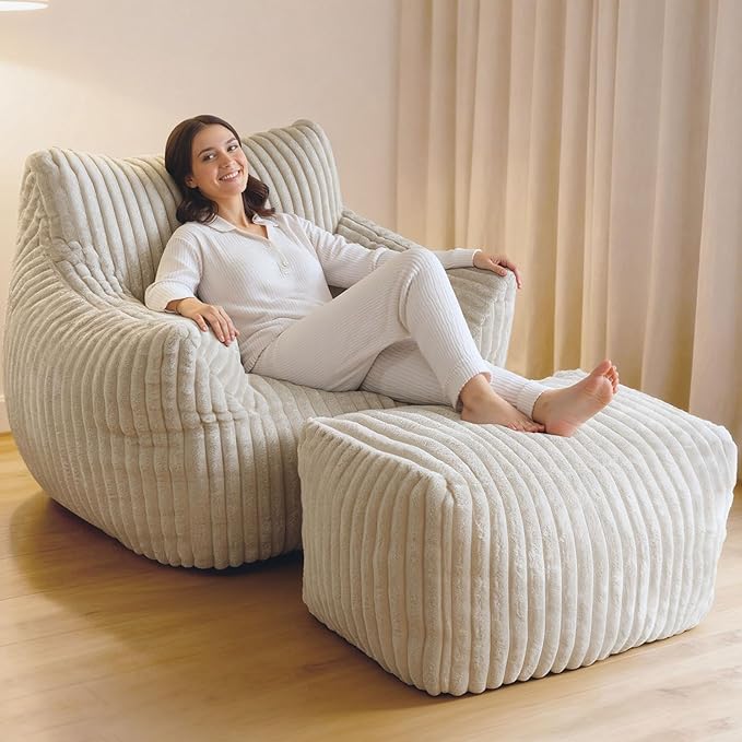 Giant Bean Bag Chair with Ottoman Oversized Plush Comfy Bean Bag Sofa for Adults and Kids Memory Foam Mini Couch Single Lounges for Living Room Bedroom &amp Game Room(Beige)