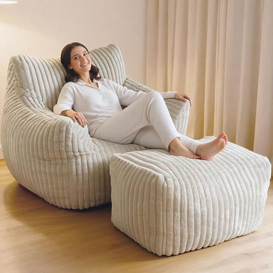 Giant Bean Bag Chair with Ottoman Oversized Plush Comfy Bean Bag Sofa for Adults and Kids Memory Foam Mini Couch Single Lounges for Living Room Bedroom &amp Game Room(Beige)