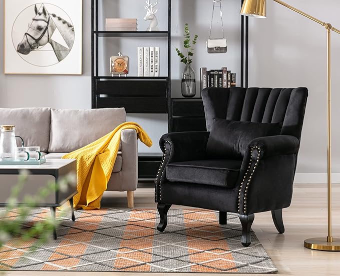 Kmax Black Accent Chair Velvet Wingback Chair with Pillow Nail-Head Channel Tufted Oversized Club Chair for Living Room Bedroom Guest Room