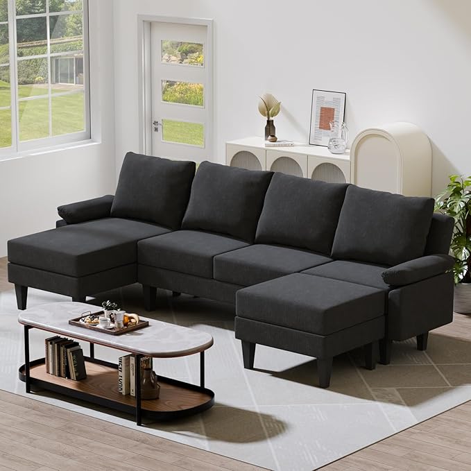 115 Modular Sectional Sofa U Shaped Sectional Comfy Couch for Living Room Convertible Modular Sofa Couch with Ottomans and Chaise High Supportive &amp Soft Sponge 6 Seats Black