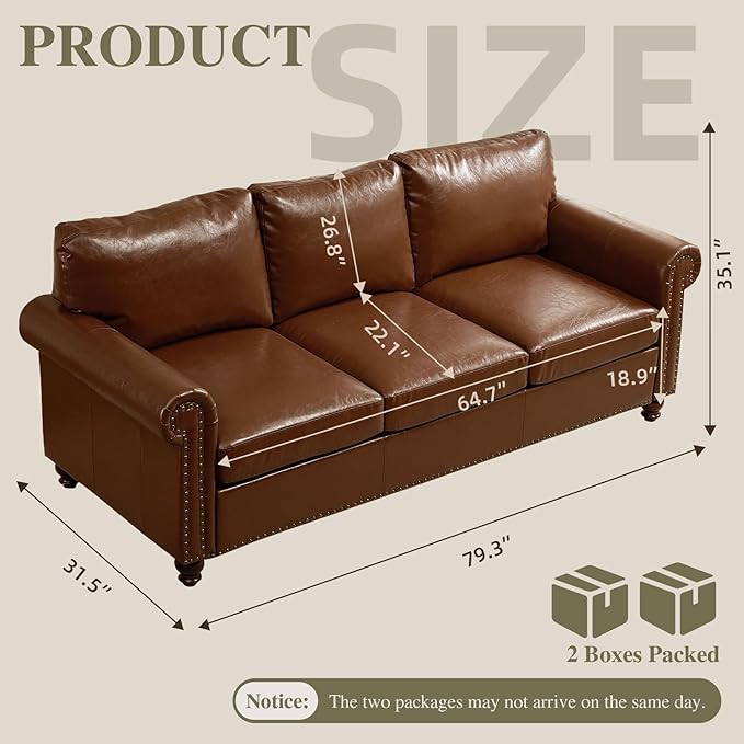 79” Leather Sofa Couch with Storage Mid Century Modern Rolled Arm Couches for Living Room Furniture Nailhead Trim Brown