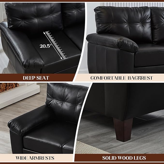 Faux Leather Sofa Couch and Loveseat Sets with Hidden Storage &amp Tufted Backrest Mid Century Modern Couch Deep Seat Comfy Chesterfield Sofa for Living Room Office(Loveseat + 3 Seater Sofa Black
