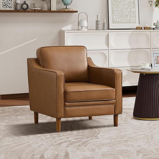 Kingfun Accent Chair Living Room Chairs Faux Leather Reading Armchair Mid Century with Solid Wood Foot Upholstered Modern Decor for Bedroom Apartment Brown