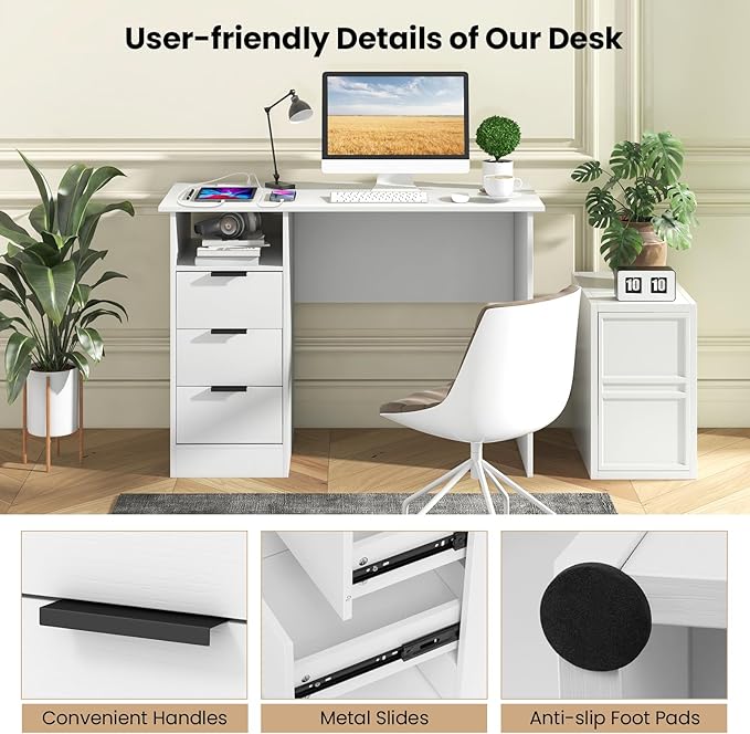 Computer Desk with Drawers 42.5’’ White Desk with Storage Shelf &amp Built-in Power Outlet Wood Vanity Makeup Table Small Desk for Bedroom Living Room Study Home Office